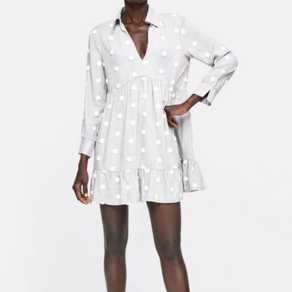 ZARA Gray White Pom Pom Polka Dot Mini Long Sleeve Dress Size XS X-Small